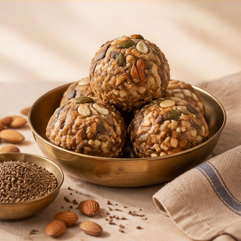 Handcrafted dry fruit laddoos in a brass bowl